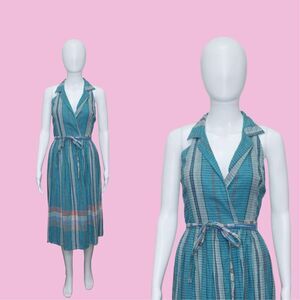 1970s-1980s MS.CHAUS Plaid Halter Collared Adjustable WRAP Dress W/Pockets. XS
